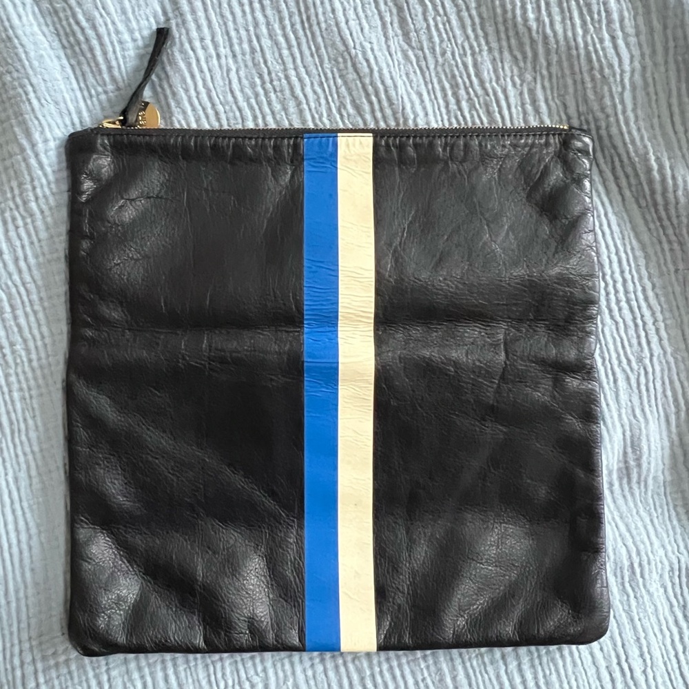 Clare V Black/Navy Leather Foldover Clutch with Blue and Cream Stripe